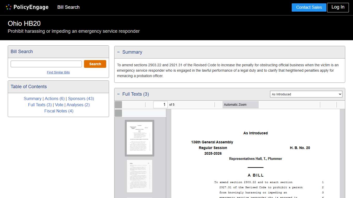 HB20 Ohio 2025-2026 Prohibit harassing or impeding an emergency service responder - Legislative Tracking PolicyEngage